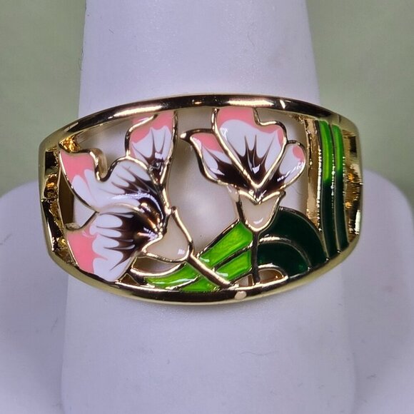 Golden Floral Enamel Ring With Pink & Green Lily Design Size 10‎ (NWOT) - Picture 2 of 7